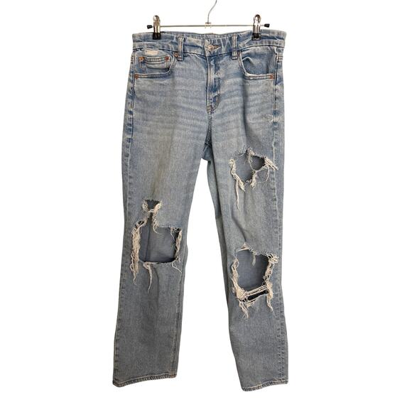 American Eagle Curvy Straight Jeans Womens 8 Light Wash Distressed Ripped - Picture 1 of 6